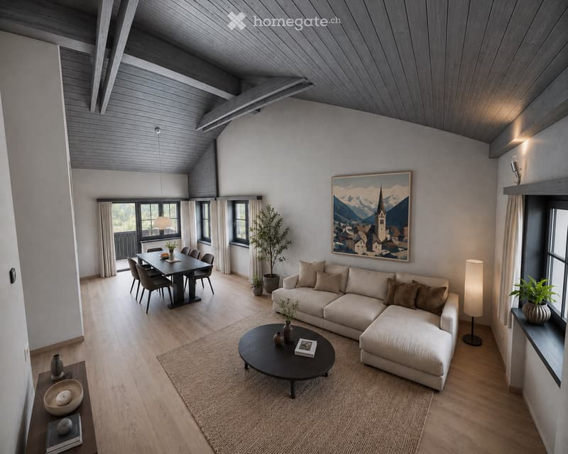Modern living and dining area with exposed wooden beams, light grey sofa, coffee table, dining table with chairs, and decorative plants.