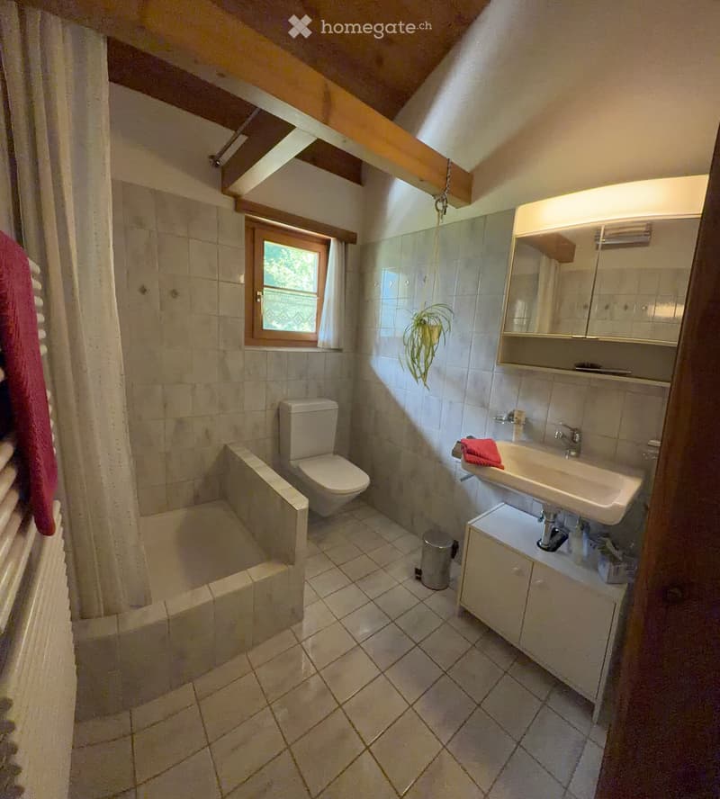 Cozy bathroom with tiled walls and floor, featuring a toilet, sink with mirror, bathtub, and a small window with a plant on the windowsill.