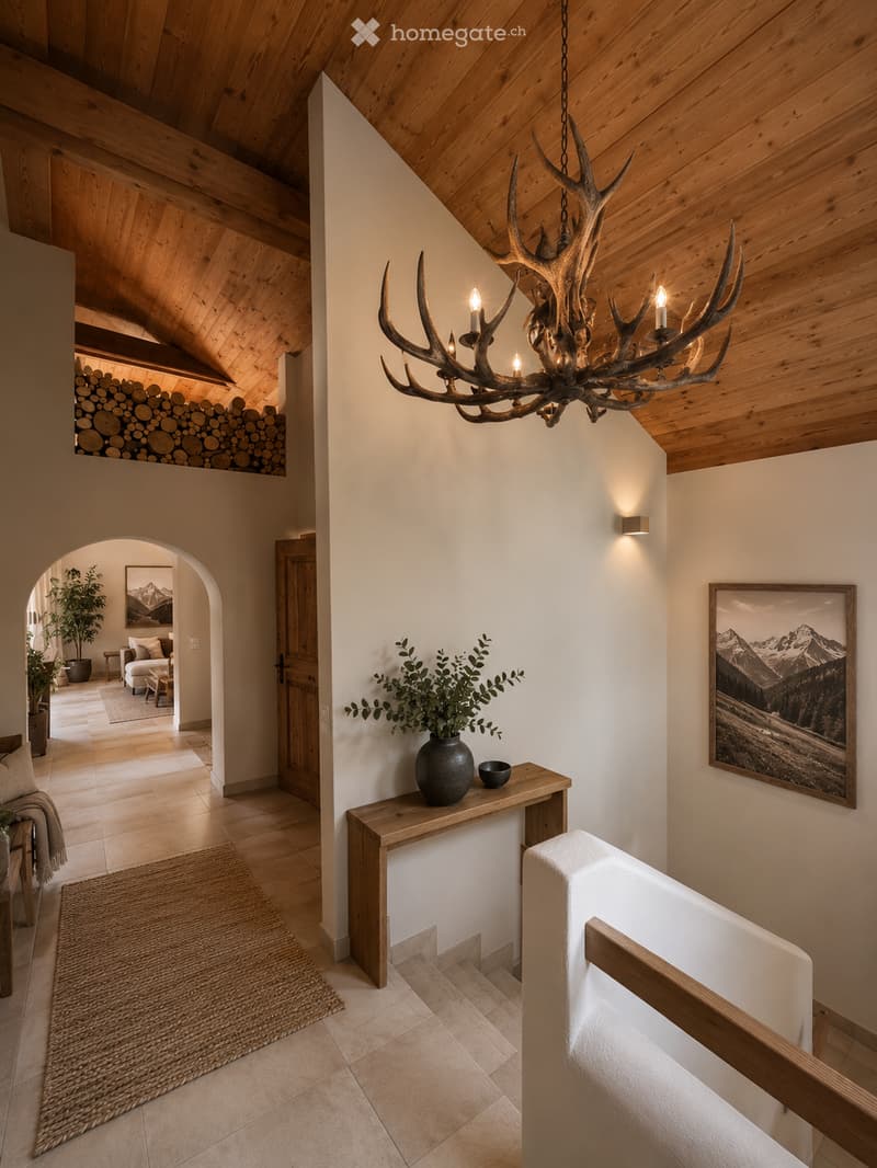 Elegant hallway with wooden ceiling beams, a chandelier made from antlers, a small wooden console table with a vase and bowl, a framed mountain landscape painting, and a stack of firewood in the background.