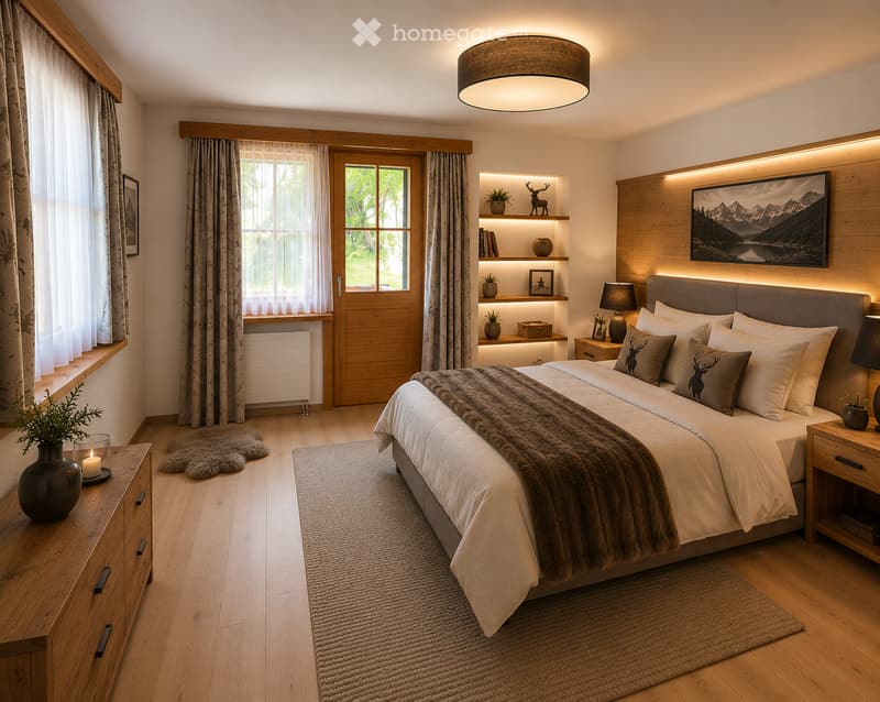 Cozy bedroom with a large bed, nightstands, lamps, a fur throw, a rug, shelves with decorative items, and a large window with curtains.