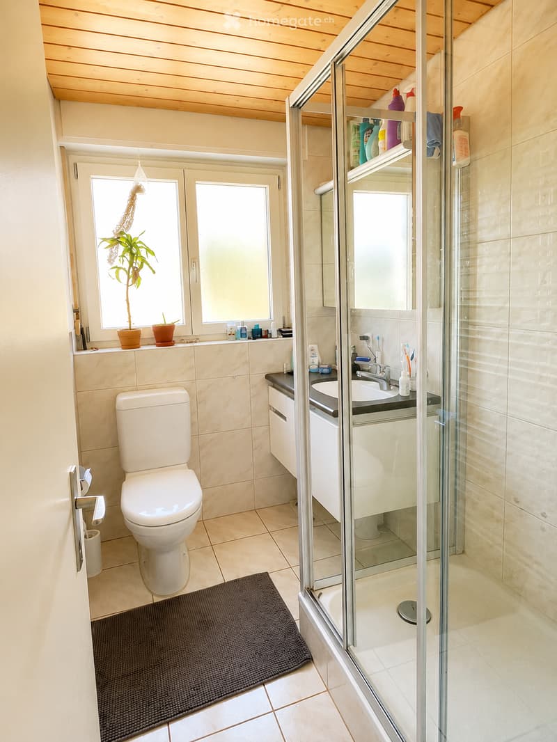 Modern bathroom with a toilet, sink, shower, and a small plant on the windowsill. The space features light-colored tiles and a wooden ceiling.
