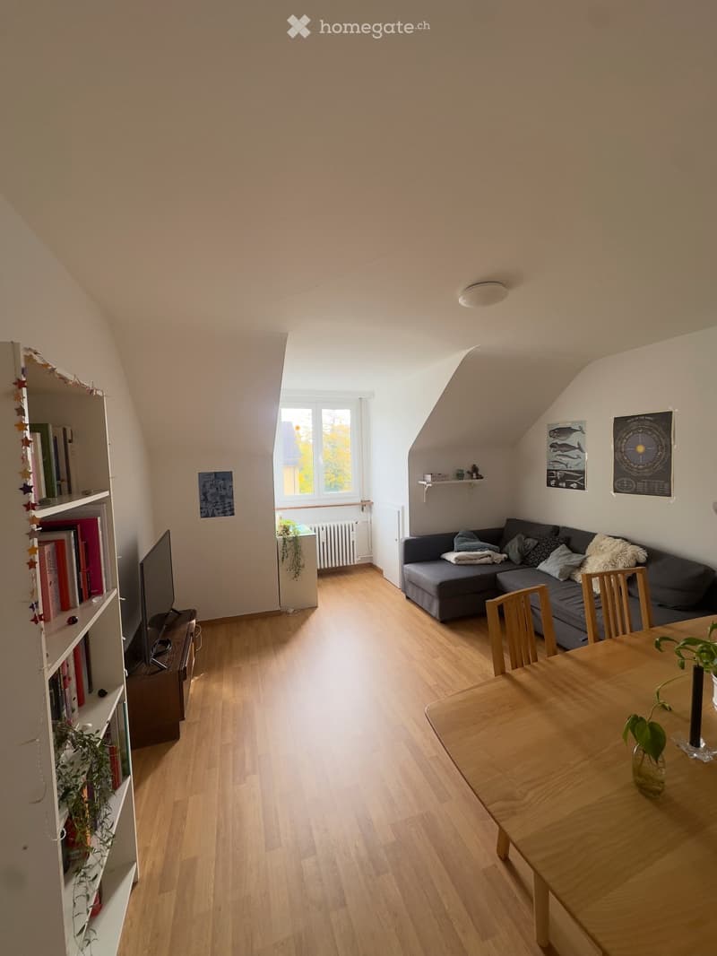A cozy living and dining area with wooden flooring, a grey sofa, a wooden dining table with chairs, a bookshelf, and a TV screen.