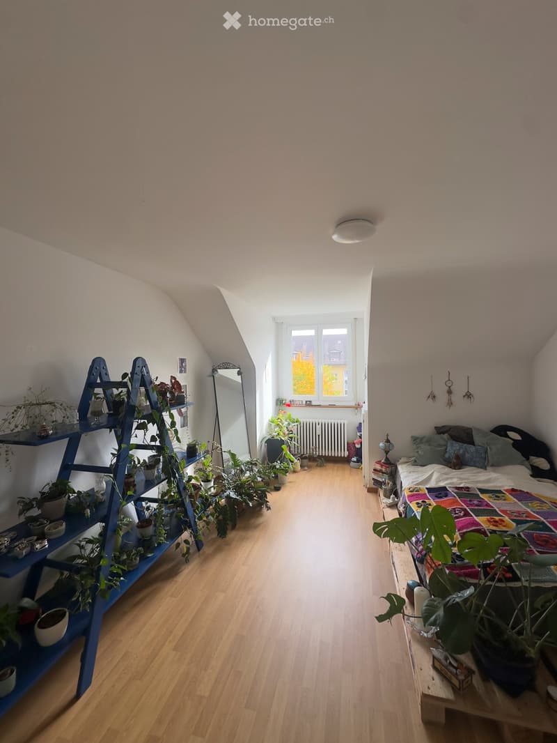 Cozy attic bedroom with wooden flooring, slanted ceilings, and large window. Features a bed with colorful quilt, a shelf with potted plants, a mirror, and a small table with additional plants.