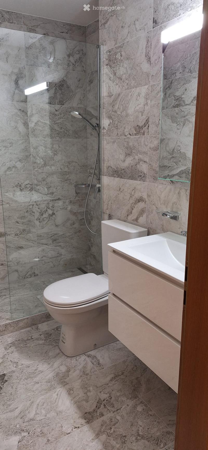 Modern bathroom with marble tiles, a toilet, a sink with a vanity, and a glass-enclosed shower area.