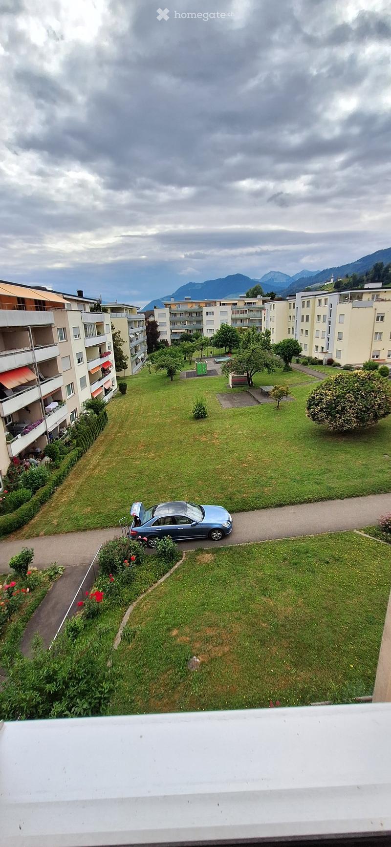 Balcony view of a residential area with green lawns, trees, parked car, and distant mountains.