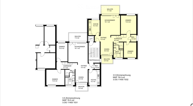 Floor plan of a 3.5-room apartment with two balconies, kitchen, living room, bedrooms, bathrooms, and corridors.
