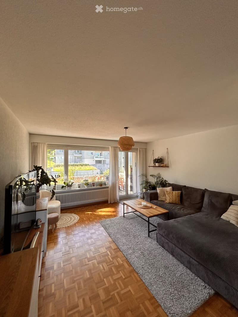 Modern living room with wooden flooring, large windows offering a view, a grey sectional sofa, a wooden coffee table, a grey rug, a small round stool, a TV stand with a television, and several potted plants.