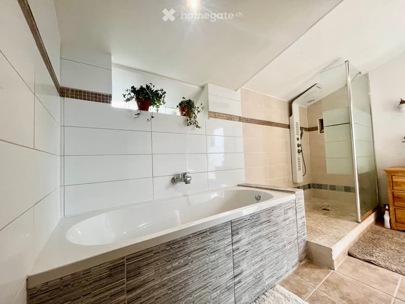 Modern bathroom with a large bathtub, glass-enclosed shower, tiled walls, and decorative plants on the windowsill.