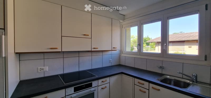Modern kitchen with white cabinets, dark countertops, induction cooktop, oven, and sink.