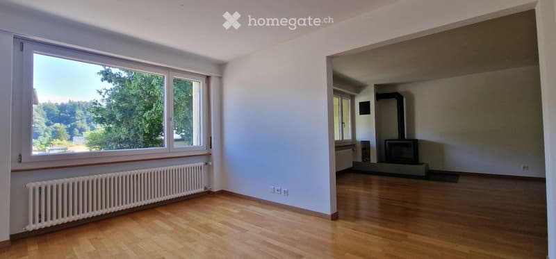 Empty room with wooden flooring, white walls, large windows, radiator, and a fireplace in the adjacent room.