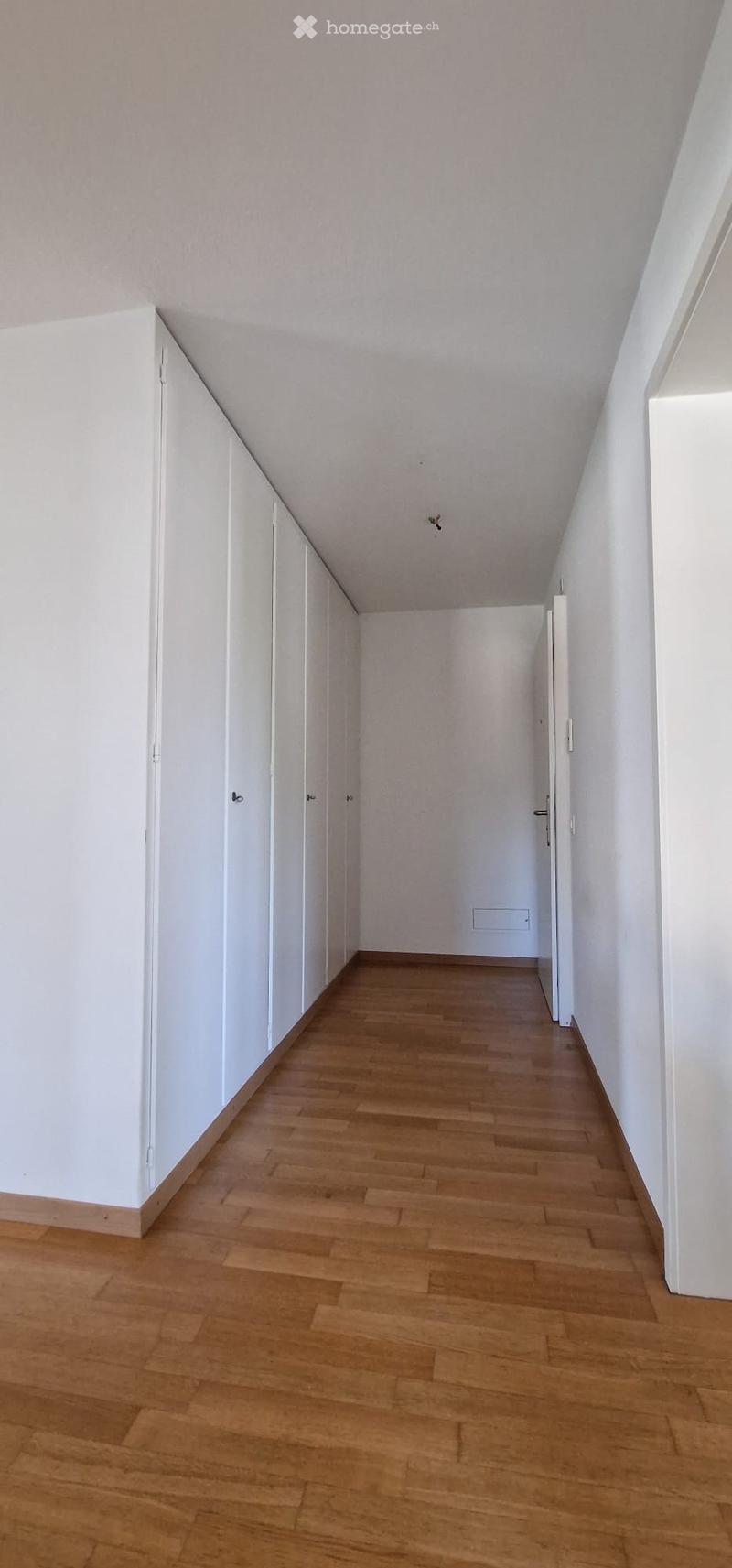Empty hallway with wooden flooring, white walls, and built-in white cabinets on one side.