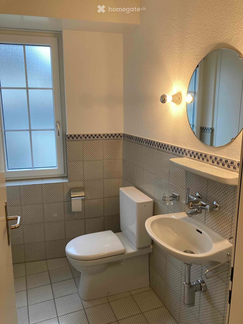 Modern bathroom with white tiles, a toilet, a sink, a mirror, and a window with frosted glass panes.