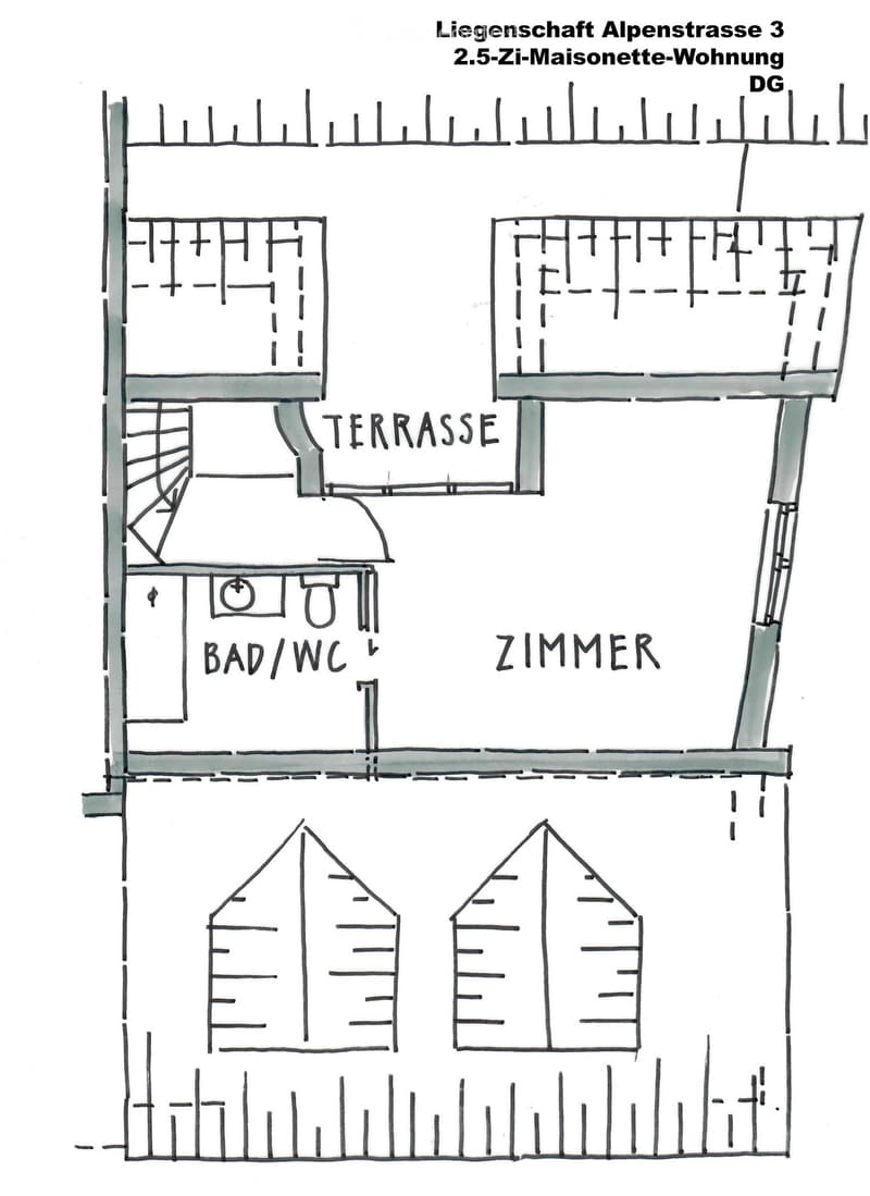 Floor plan of a 2.5-room maisonette apartment with a terrace, bathroom/WC, and bedroom.