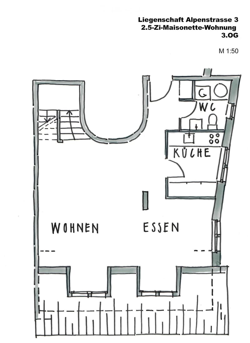 Floor plan of a 2.5-room maisonette apartment on the 3rd floor, featuring a living area, dining area, kitchen, and bathroom.
