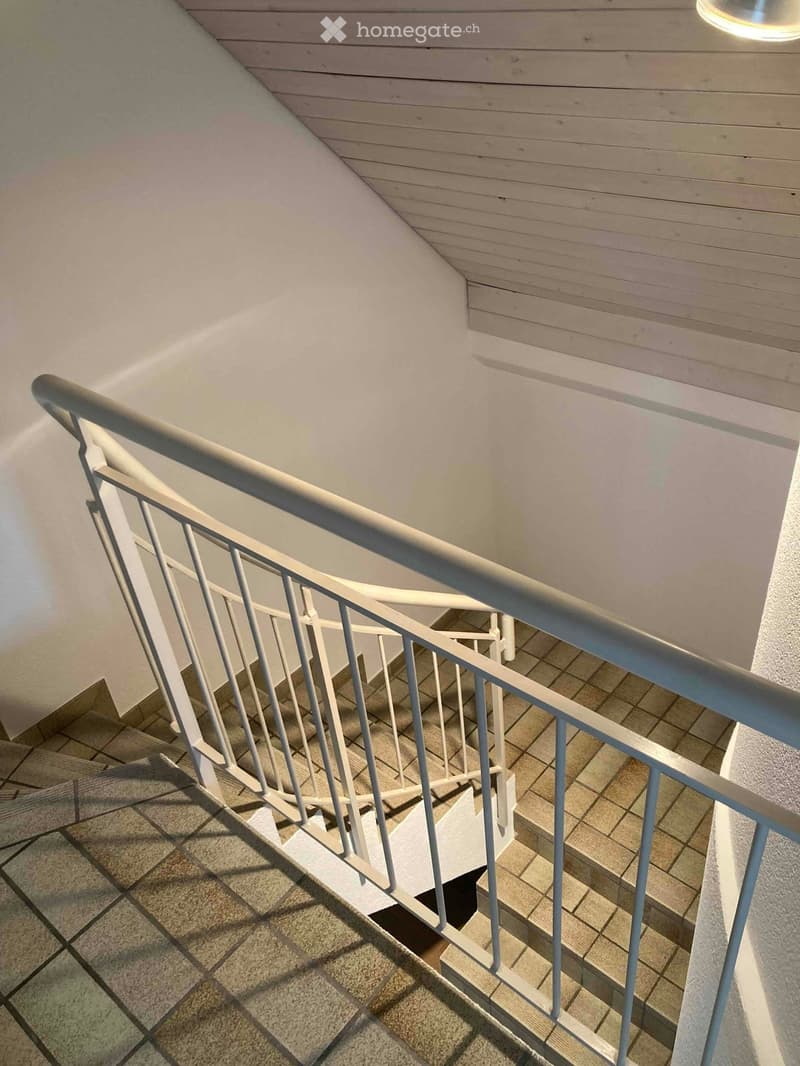 Staircase with white metal railing and tiled steps, leading to an outdoor wooden deck area.
