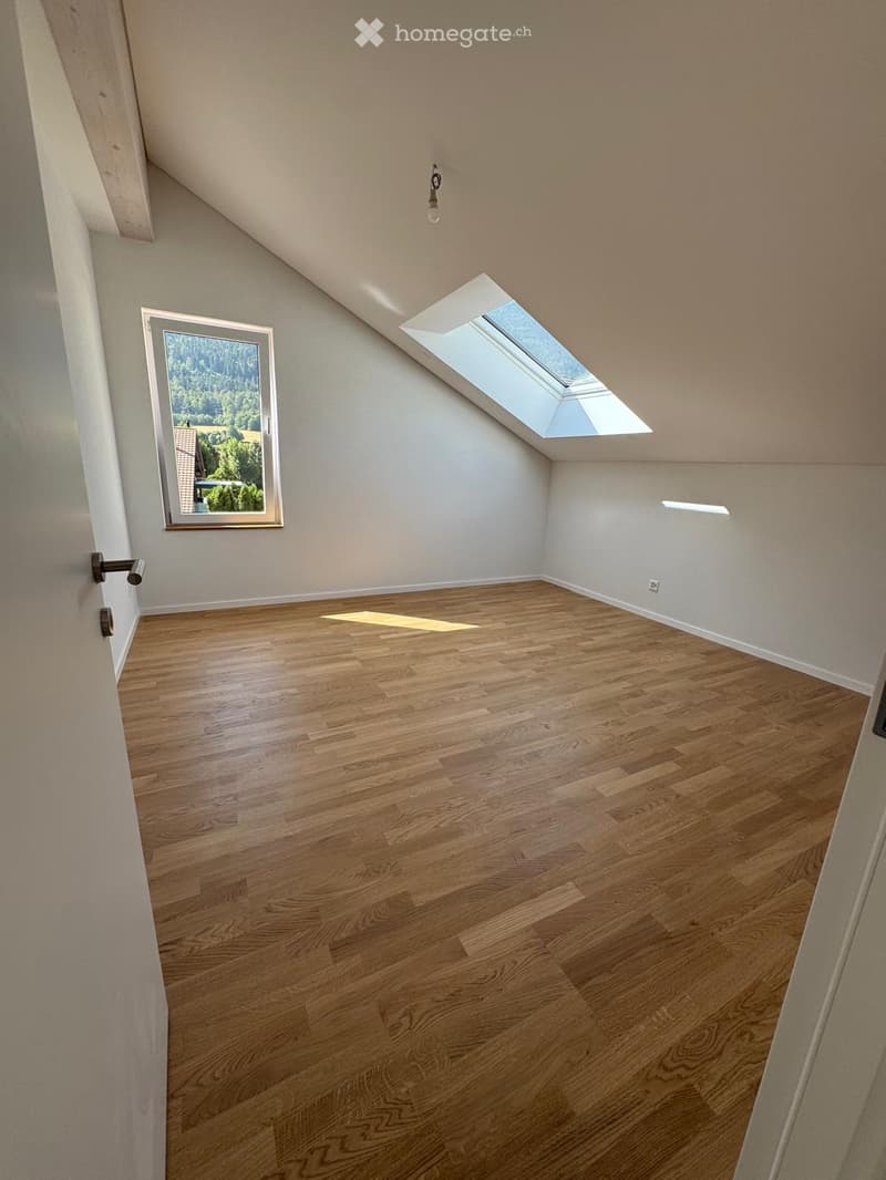 Empty attic room with wooden flooring, large skylight, and window showing outdoor view.