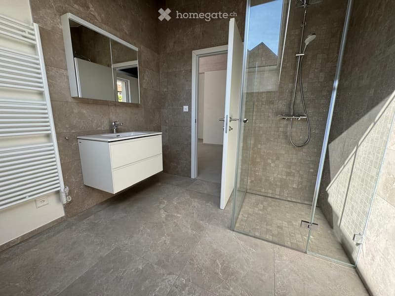 Modern bathroom with a white sink, large mirror, glass shower enclosure, and a white radiator.