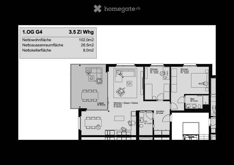 Floor plan of a 3.5-room apartment on the first floor, including living/dining/kitchen area, two bedrooms, bathroom, hallway, and balcony.