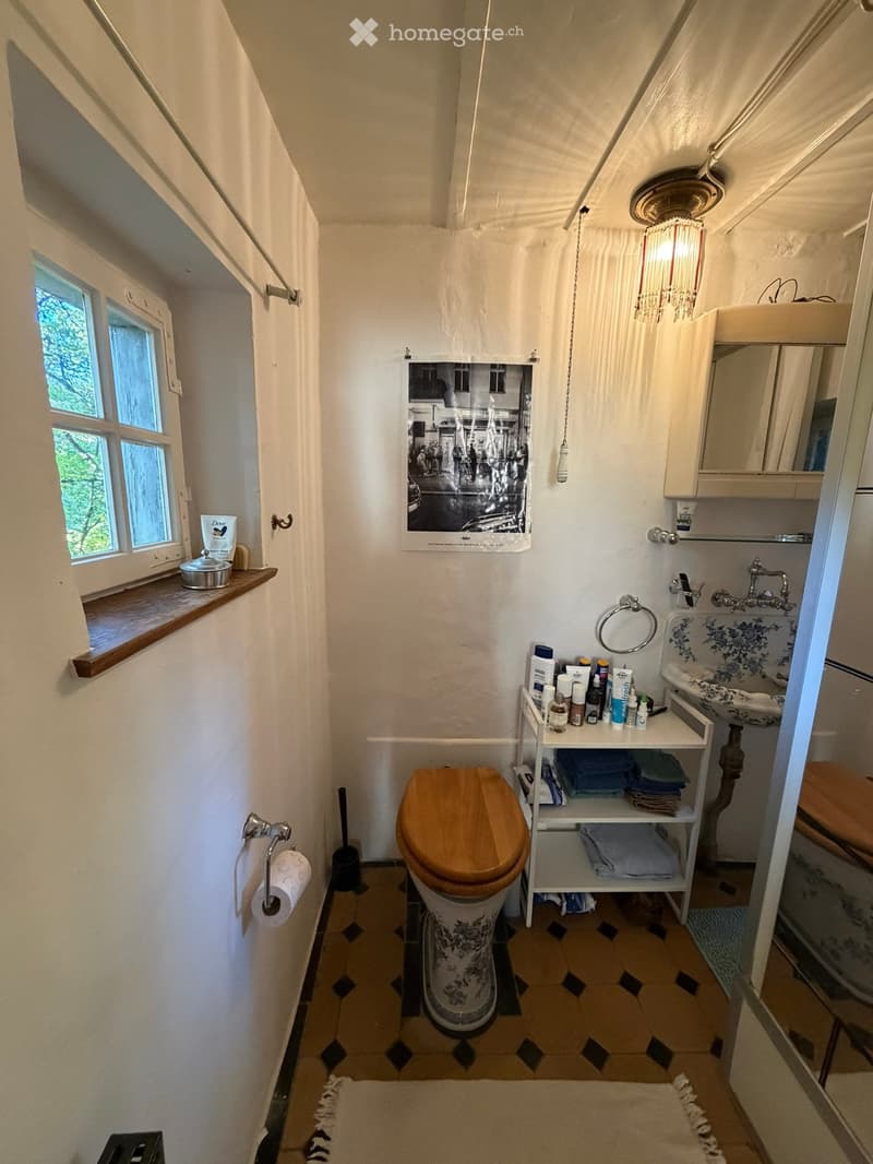 Cozy bathroom with a wooden toilet seat, sink, mirror, and shelves holding towels and toiletries. The room features a window with a view of greenery, a picture frame on the wall, and a small shelf with various items.
