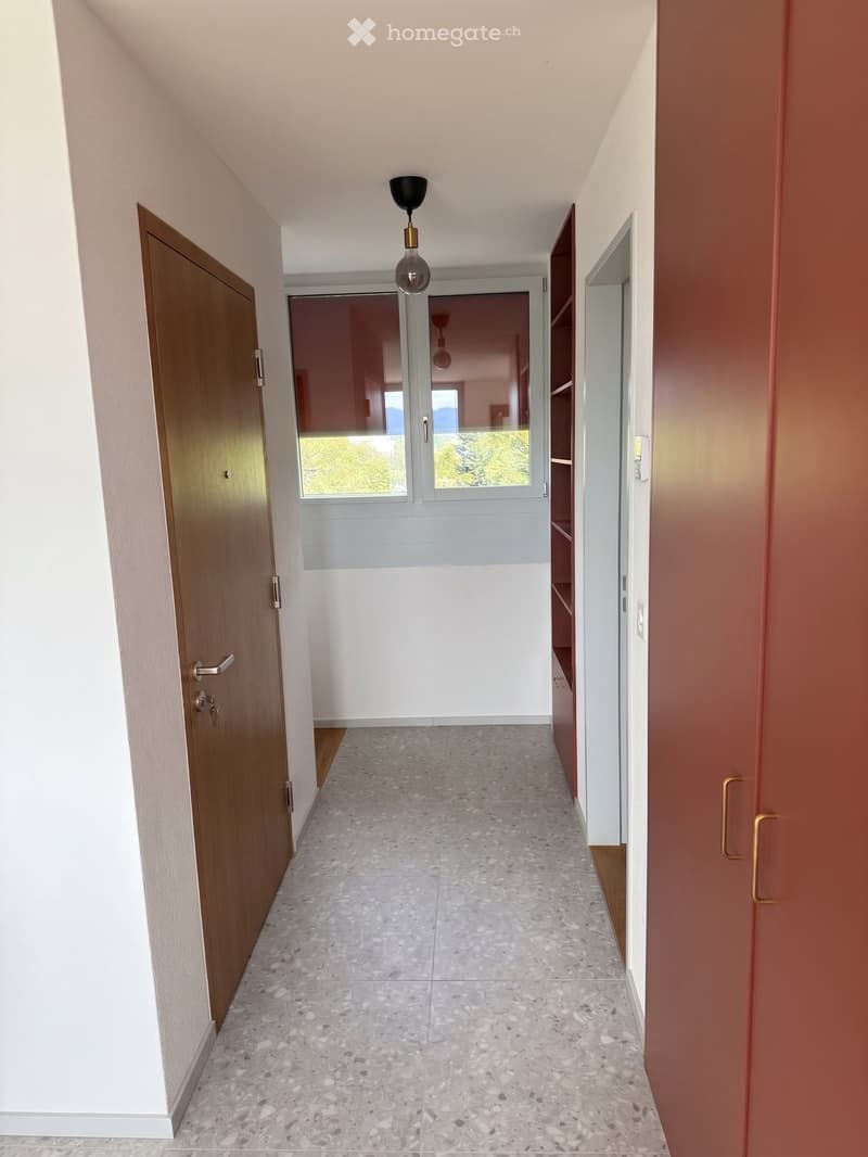Modern hallway with light-colored walls, marble tile flooring, and a pendant light fixture. Features a wooden door on the left and a mirrored sliding door at the end leading to another room.
