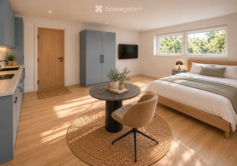 Modern bedroom with a large bed, round table, chair, cabinet, sink, faucet, plant, television, and lamp. The room features wooden flooring and large windows with a view of greenery.