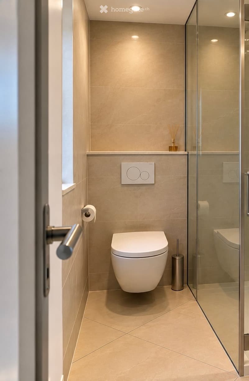 Modern bathroom with beige tiles, a toilet, toilet paper holder, glass shower enclosure, and decorative candle on the shelf.