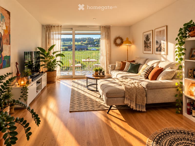 Bright living room with wooden flooring, large sectional sofa, coffee table, ottoman, floor lamp, and a view of a countryside landscape through large windows and sliding doors.