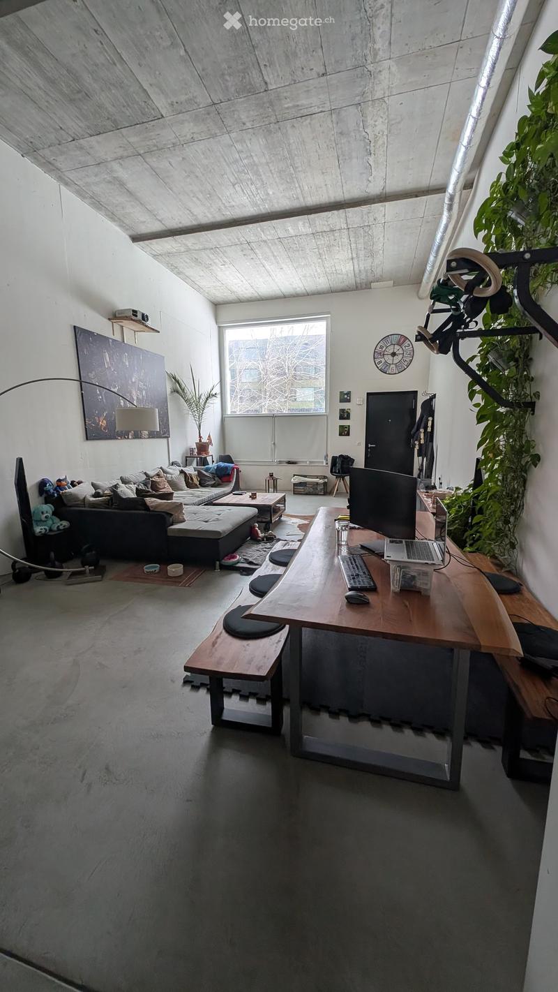 Modern living room with exposed concrete walls and ceiling, large window, sofa, coffee table, laptop desk, and plants.
