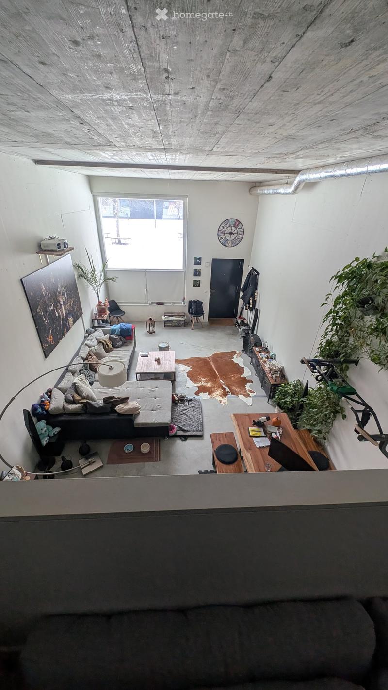 Open-concept living space with a sectional sofa, coffee table, side tables, floor lamp, and various decorative items including plants and artwork.
