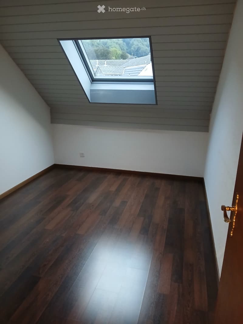 Empty room with wooden flooring, white walls, and a skylight window showing a view of rooftops and trees.