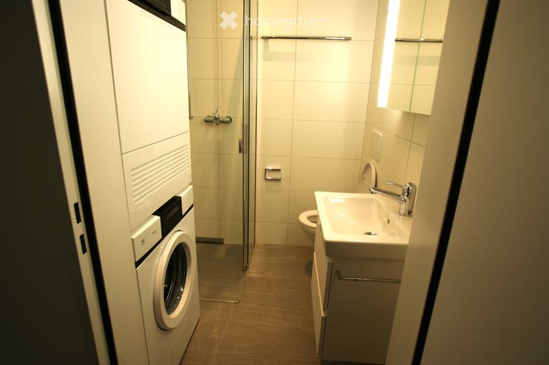Modern bathroom with a white sink, chrome faucet, toilet, washing machine, and a glass-enclosed shower area.