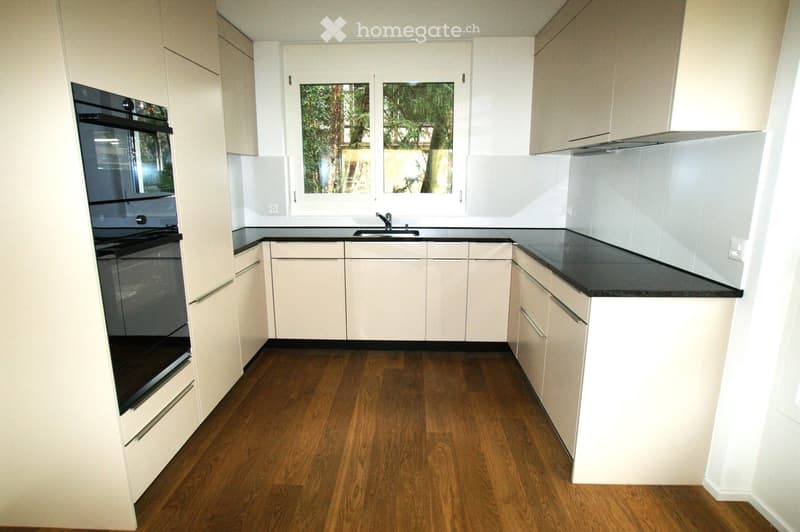 Modern kitchen with white cabinets, black countertops, wooden flooring, and a window overlooking greenery.