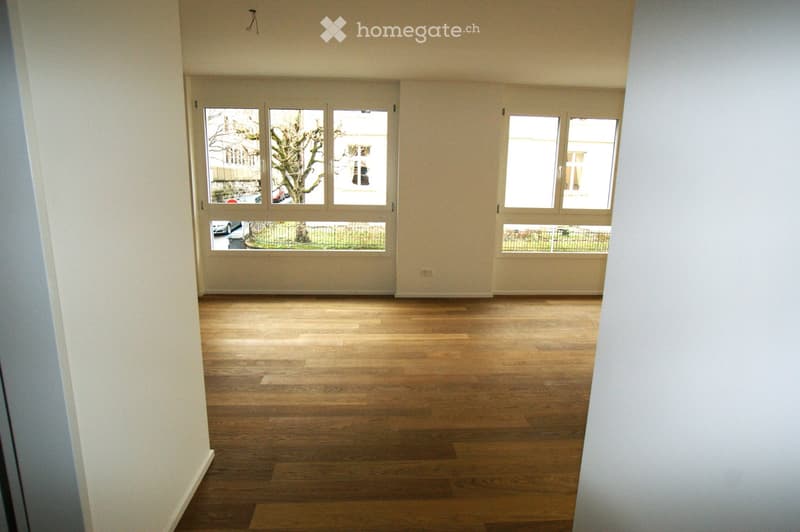 Empty room with wooden flooring and large windows, showing a view of the outside area with a tree and parked cars.