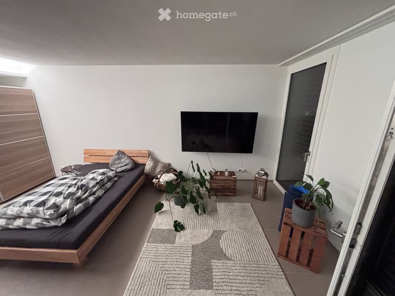 A modern, minimalist bedroom with a wooden bed, pillows, a blanket, a television mounted on the wall, a side table, a potted plant, and a rug.
