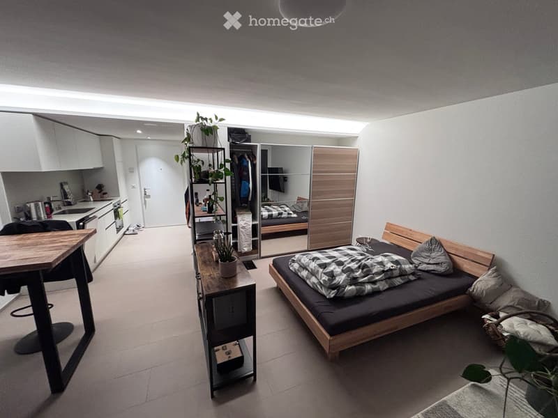 A compact, modern studio apartment with a bed, a small kitchen area, a dining table, and a wardrobe. The space is well-lit with large windows and features contemporary furniture.