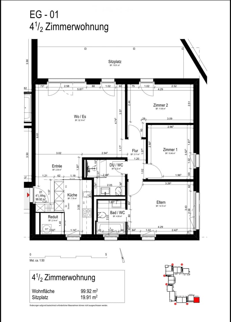 Floor plan of a 4.5-room apartment with living/dining area, kitchen, two bedrooms, bathroom, and entrance.