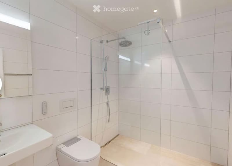 Modern bathroom with white tiles, a glass-enclosed shower, a toilet, and a sink.