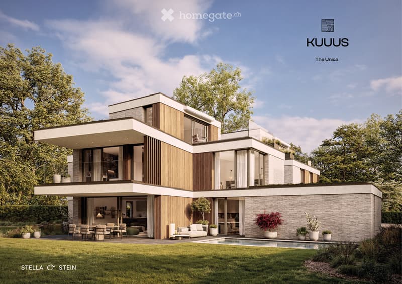 Modern two-story house with a flat roof, large windows, and a spacious outdoor area featuring a swimming pool, patio furniture, and potted plants.