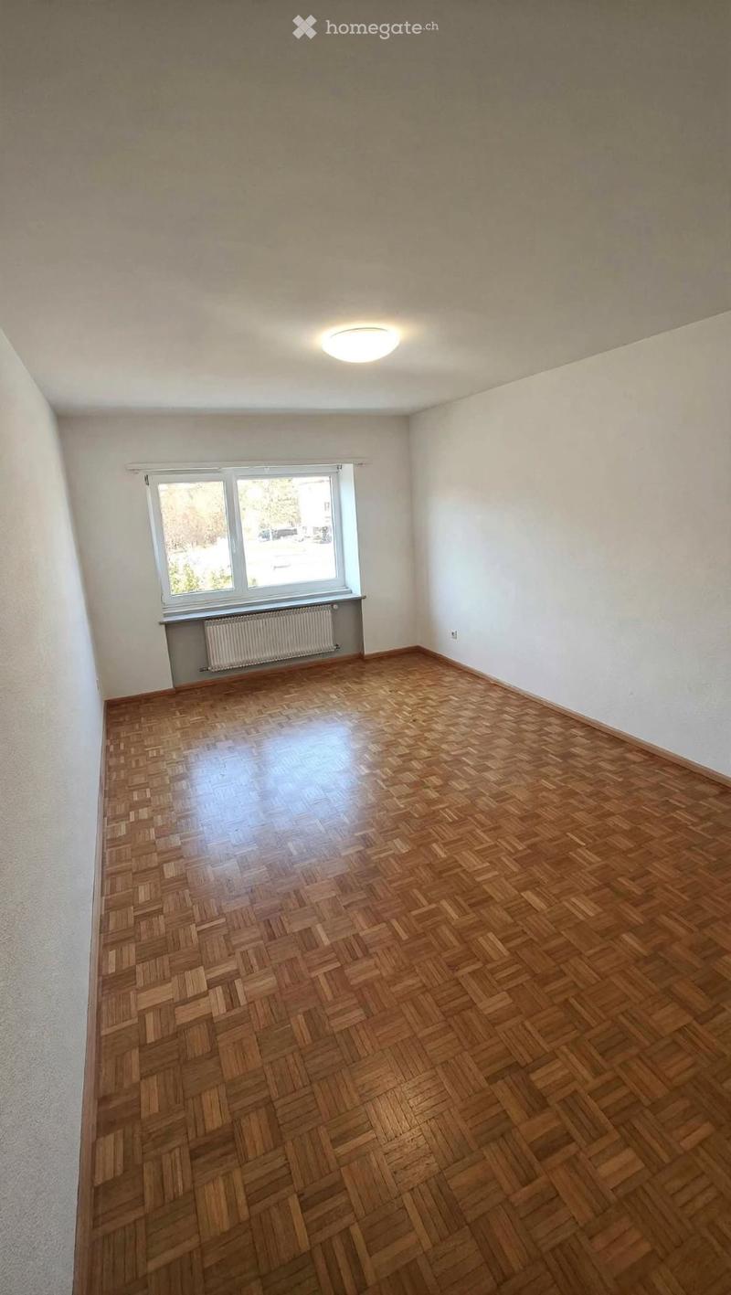 Empty room with wooden parquet flooring, white walls, a large window with a radiator below, and a ceiling light fixture.