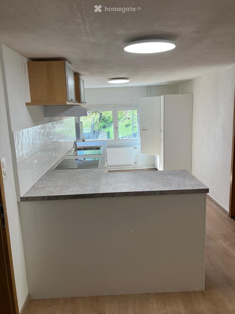 Modern kitchen with a grey countertop, built-in sink, wooden cabinets, and large windows offering a view of greenery.