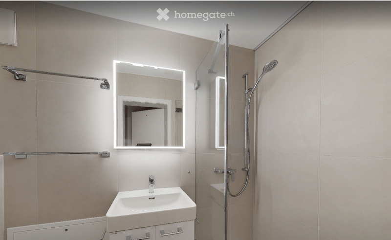 Modern bathroom with a white sink, illuminated mirror, and a glass-enclosed shower area with a handheld showerhead.