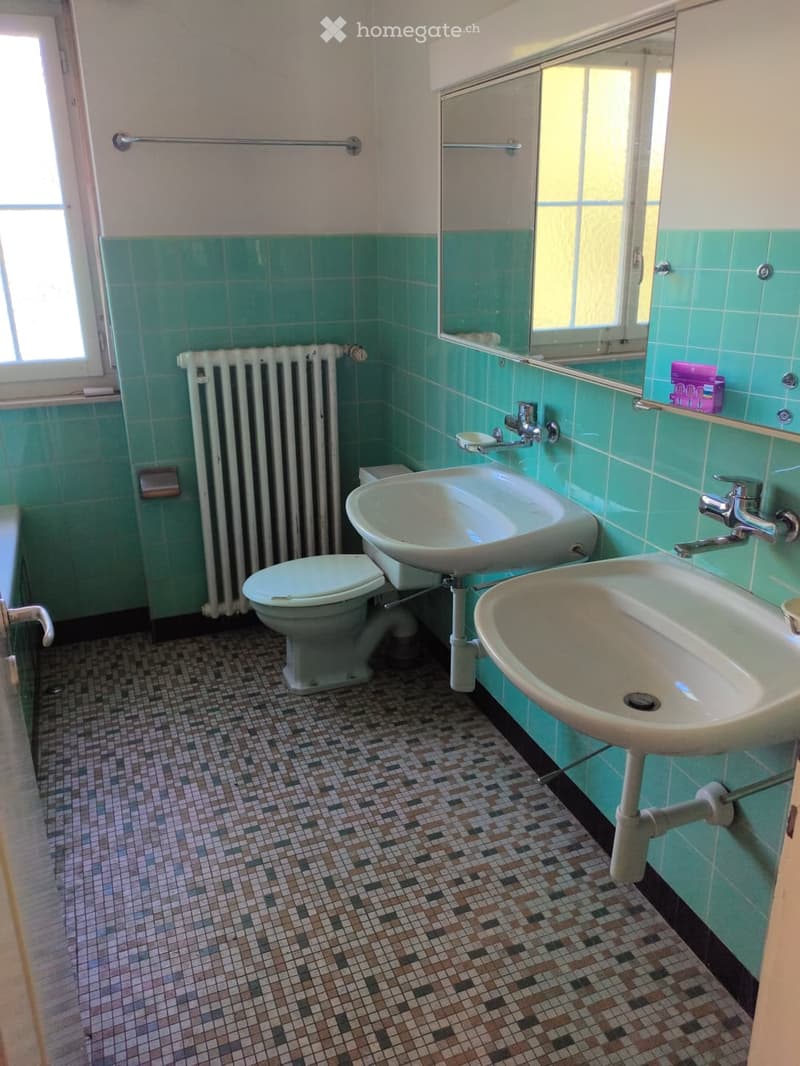 Bathroom with green tiled walls, mosaic tile floor, toilet, two sinks, mirror, radiator, and towel rack.