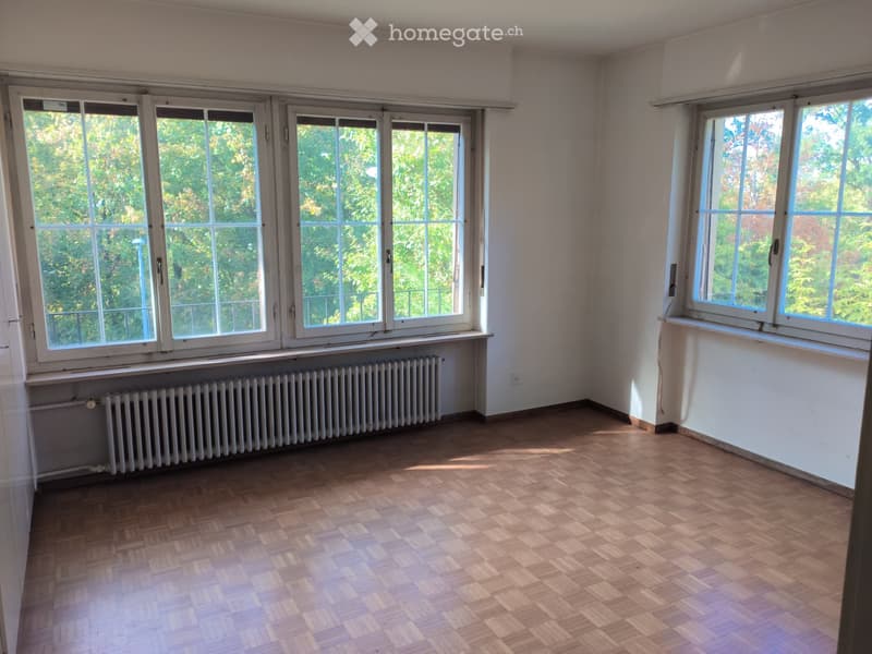 Empty room with wooden flooring, large windows, radiator, and white walls.