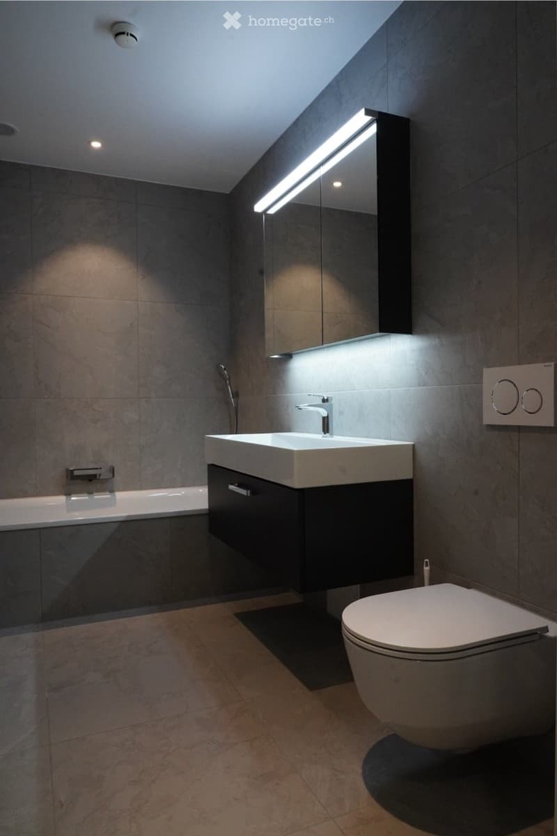 Modern bathroom with dark grey tiles, a white sink, toilet, bathtub, and a large mirror with integrated lighting.