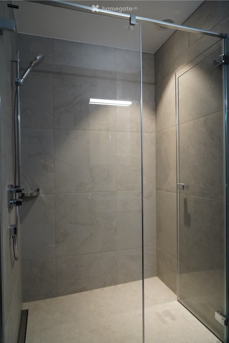 Modern bathroom with a glass-enclosed shower, marble tile walls, and a sleek showerhead.