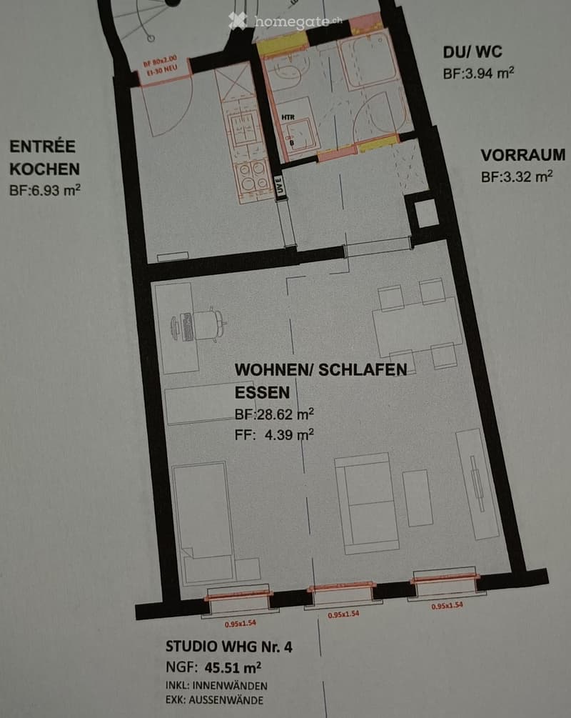 Floor plan of Studio WHG Nr. 4, showing entrance, kitchen, living/sleeping/dining area, bathroom, and storage room.