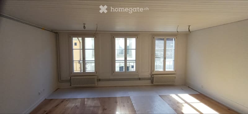 Empty room with wooden flooring, white walls, and three large windows with metal railings visible outside. Radiators are present under the windows.