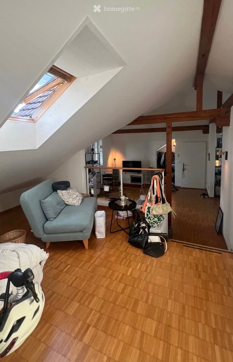 A cozy attic room with wooden flooring, a skylight window, a blue sofa, a small round table, and a mirror. The room also features a TV and a wardrobe in the background.