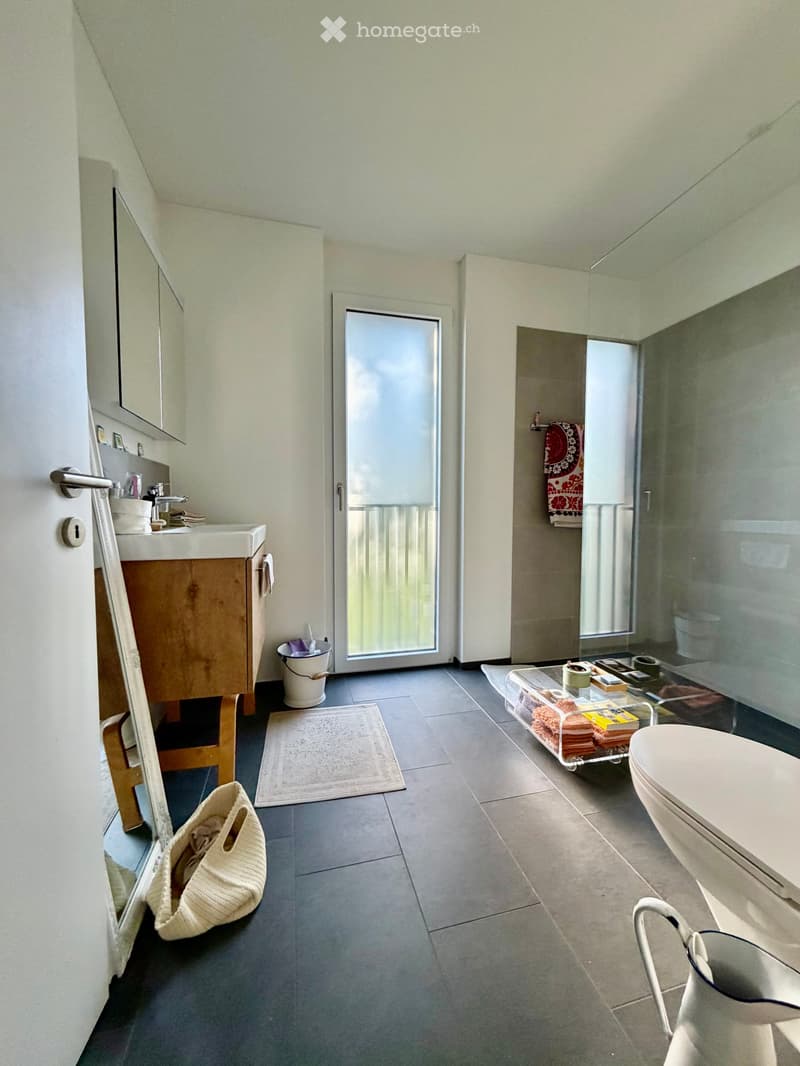 Modern bathroom with a sink, toilet, shower, and various accessories including a towel, basket, and mirror.