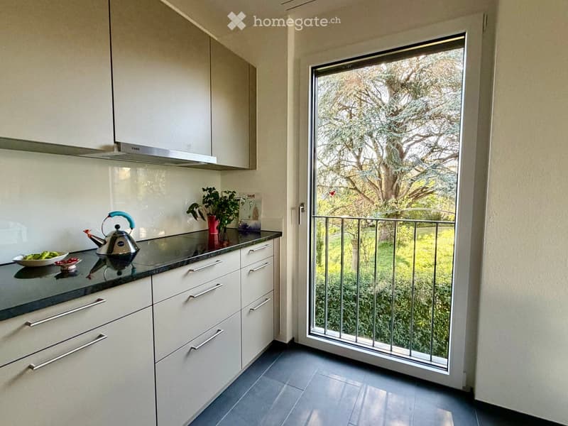 Modern kitchen with white cabinets, stainless steel appliances, and a large window opening to a balcony with greenery visible outside.